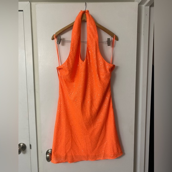 ASOS Vibrant Orange Sequin Backless Mini Halter Dress - Picture 2 of 8
